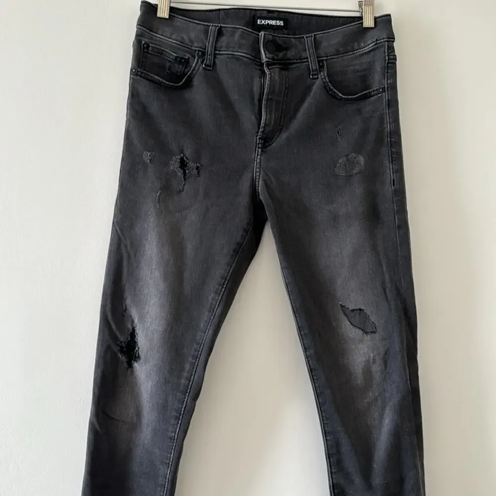 Express Men’s Super Skinny Dark Grey Ripped Hyper Stretch Jeans 28 x 32